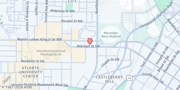 Map showing Central United Methodist Church at 501 Martin Luther King Jr Dr SW, Atlanta, GA