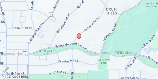 Map showing Mercy Community Church at St. John's Lutheran Church at 1410 Ponce De Leon Ave. NE, Atlanta, GA
