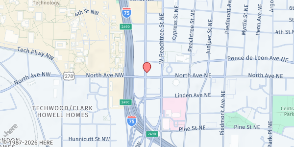 Map showing Midtown Assistance Center at 613 Spring St NW, Atlanta, GA