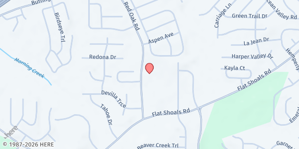 Map showing Pleasant Word Christian Center Ministries at 6270 Red Oak Road, Atlanta, GA