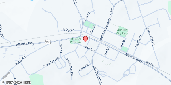 Map showing Auburn First Baptist Church at 1385 6th Ave, Auburn, GA