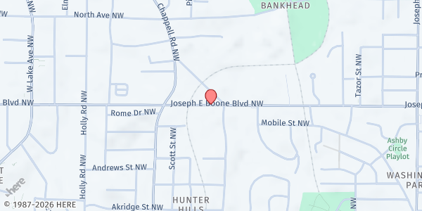 Map showing True Church of God Outreach Ministries - Hunter Hills at 1301 Joseph E. Boone Boulevard Northwest, Bankhead, GA