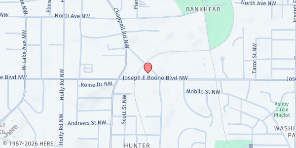 Map showing True Church of God Outreach Ministry, Inc. at 1301 Joseph E. Boone Boulevard Northwest, Bankhead, GA