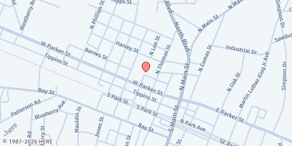 Map showing Appling County Food Bank at 82 Barnes Street, Baxley, GA