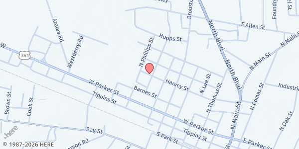 Map showing Appling County Food Bank at 57 Harvey St., Baxley, GA