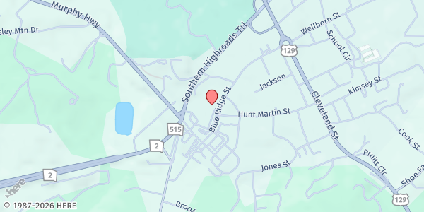 Map showing First Baptist Church Blairsville at 296 Blue Ridge St., Blairsville, GA