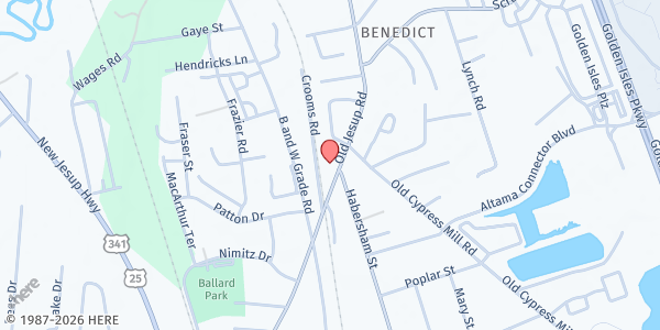 Map showing Family Life Church at 601 Old Jesup Road, Brunswick, GA