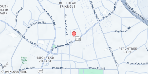 Map showing Peachtree Road United Methodist Church at 3180 Peachtree Road Northeast, Buckhead, GA