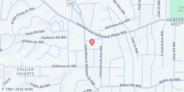 Map showing The True Church of the Living Faith at 701 Hamilton E Holmes Drive Northwest, Center Hill, GA