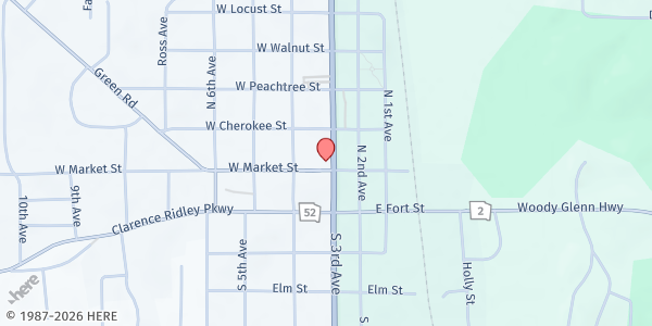 Map showing First Baptist Church of Chatsworth at 121 W. Market St., Chatsworth, GA