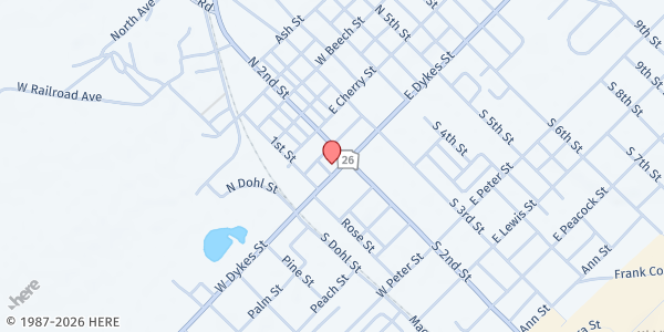 Map showing Cornerstone Church of Cochran - Food Pantry at 106 West Dykes Street, Cochran, GA