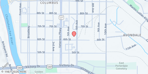 Map showing Greater Beulah Missionary Baptist Church at 613 6th Avenue, Columbus, GA