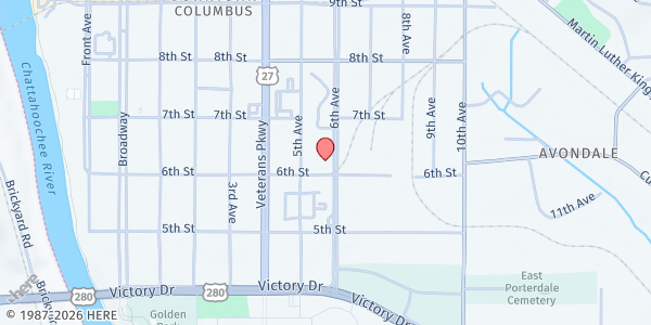 Map showing Greater Beulah Missionary Baptist Church at 613 6th Ave., Columbus, GA