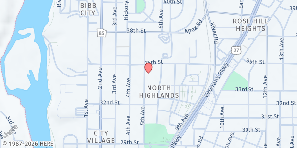 Map showing Highland Community Church at 3408 5th Ave., Columbus, GA