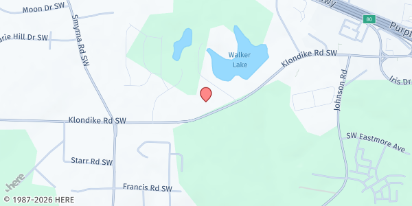 Map showing Love's and Hugs Outreach Ministries at 1701 Klondike Rd SW, Conyers, GA