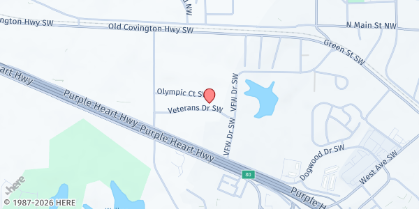 Map showing Three Angels Food Network Inc. at 1318 Olympic Ct. SW, Conyers, GA