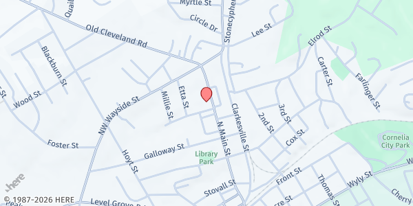 Map showing First Presbyterian Church of Cornelia at 469 N. Main Street, Cornelia, GA