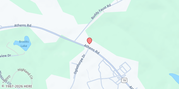 Map showing Crawford Pentecostal Church at 804 Athens Rd., Crawford, GA