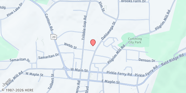 Map showing Cumming Baptist Church at 115 Church St, Cumming, GA