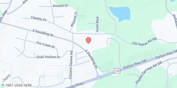 Map showing Fortified Hills Baptist Church at 4705 E. Paulding Dr., Dallas, GA