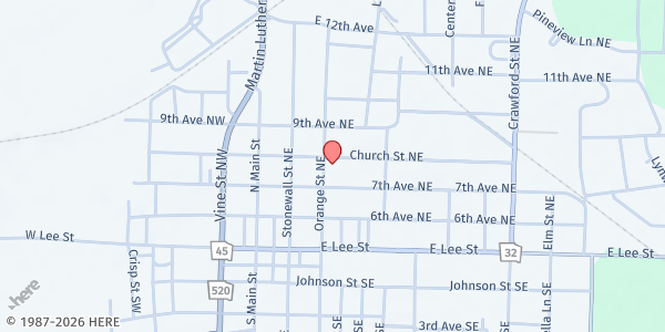 Map showing First Baptist Church of Dawson at 309 Church St. NE, Dawson, GA