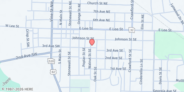 Map showing Greater Deliverance Faith Ministries Inc. at 276 Walnut St. SE, Dawson, GA