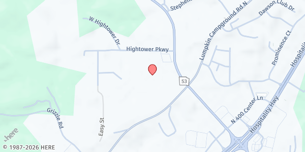 Map showing Christ Fellowship Church Food Bank at 139 Hightower Pwy. #100, Dawsonville, GA