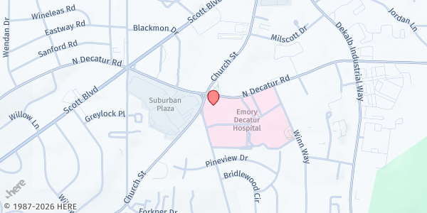 Map showing North Decatur United Methodist Church at 1523 Church Street, Decatur, GA