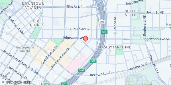 Map showing Butler Street CME Church at 23 Jesse Hill Junior Drive Southeast, Downtown Atlanta, GA