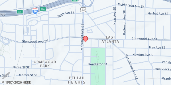 Map showing Kera's Helping Hands Food Pantry at 542 Moreland Avenue Southeast, East Atlanta, GA