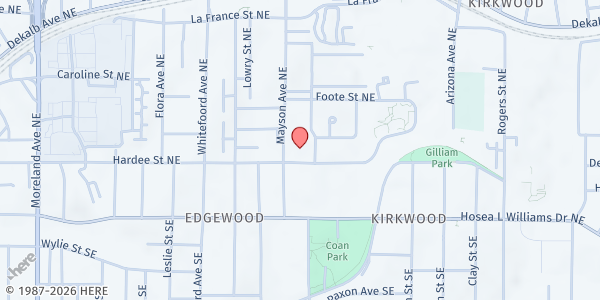 Map showing Food 4 Life Edgewood Distribution Site at 1516 Hardee Street Northeast, Edgewood, GA