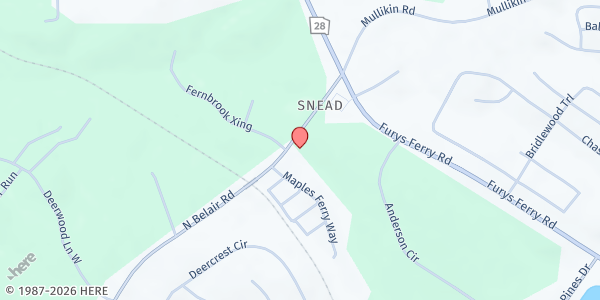 Map showing Oakey Grove Baptist Church at 911 N. Belair Rd., Evans, GA