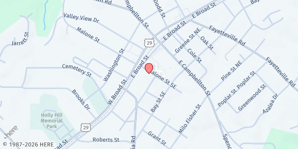 Map showing First Baptist Church of Fairburn at 23 Malone St SE, Fairburn, GA
