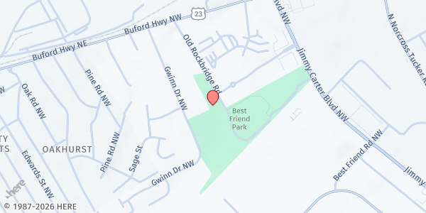 Map showing Best Friend Park Gwinnett Mobile at 6224 Jimmy Carter Boulevard, Gwinnett Village, GA