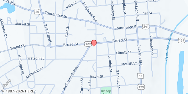 Map showing Hawkinsville First Baptist Church at 155 Broad St., Hawkinsville, GA