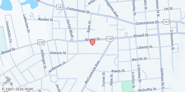 Map showing Pulaski County Senior Center at 191 Broad St., Hawkinsville, GA