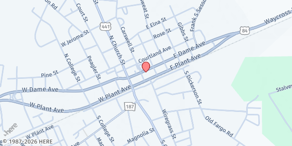 Map showing Gospel Tabernacle Church of God in Christ at 207 East Dame Avenue, Homerville, GA