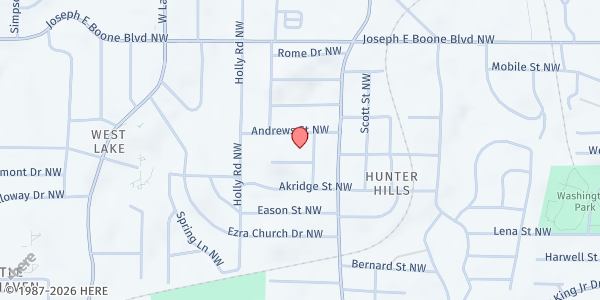 Map showing Hunter Hill First Missionary Baptist Church at 166 Edwards Street Northwest, Hunter Hills, GA