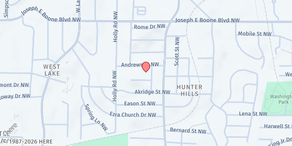 Map showing Hunter Hills First Baptist Church at 166 Edwards Street Northwest, Hunter Hills, GA