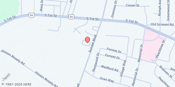 Map showing Unity Church of God at 1580 Sunset Blvd., Jesup, GA