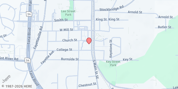 Map showing Jonesboro First UMC at 142 S. Main St., Jonesboro, GA