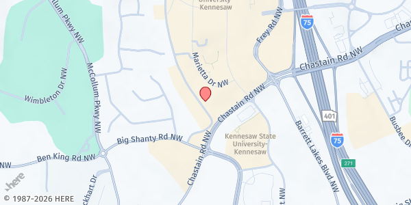 Map showing MUST Ministries Mobile Pantry - KSU at 1000 Chastain Rd. NW, Kennesaw, GA