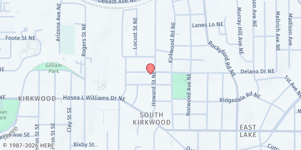 Map showing Eugene and Scilla Rice Ministries at 110 Howard Street Northeast, Kirkwood, GA
