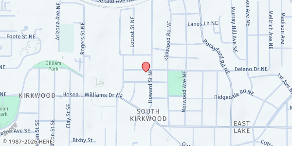 Map showing The Pentecostal Church of God at 110 Howard Street Northeast, Kirkwood, GA