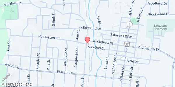 Map showing Here I Am/The Care Mission at 105 N Chattanooga St, LaFayette, GA