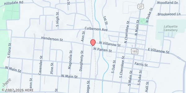 Map showing The Care Mission Food Pantry at 105 N. Chattanooga St., LaFayette, GA