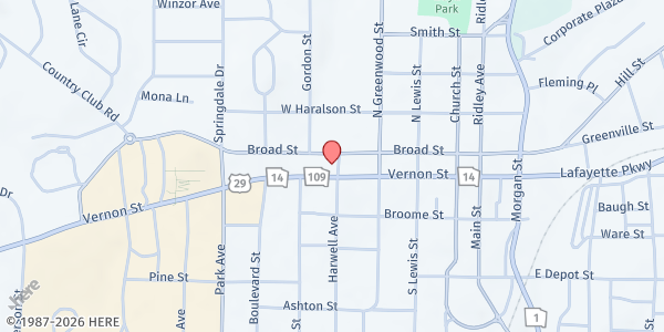 Map showing LaGrange First UMC at 401 Broad St., LaGrange, GA