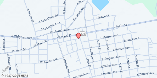 Map showing New Beginning Church Ministries at 82 South Oak Street, Lakeland, GA