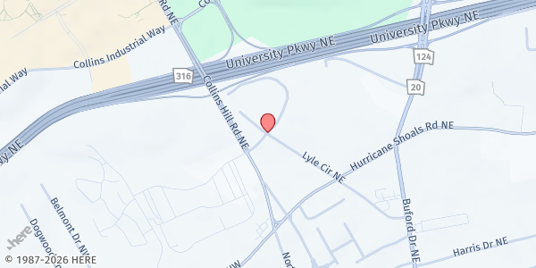 Map showing A GRATEFUL MIND INTERNATIONAL @ Meals on Wheels for the Homeless at 662 Lyle Circle, Lawrenceville, GA