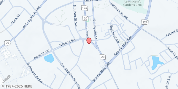 Map showing Gwinnett Cares Main Location at 750 South Perry Street, Lawrenceville, GA
